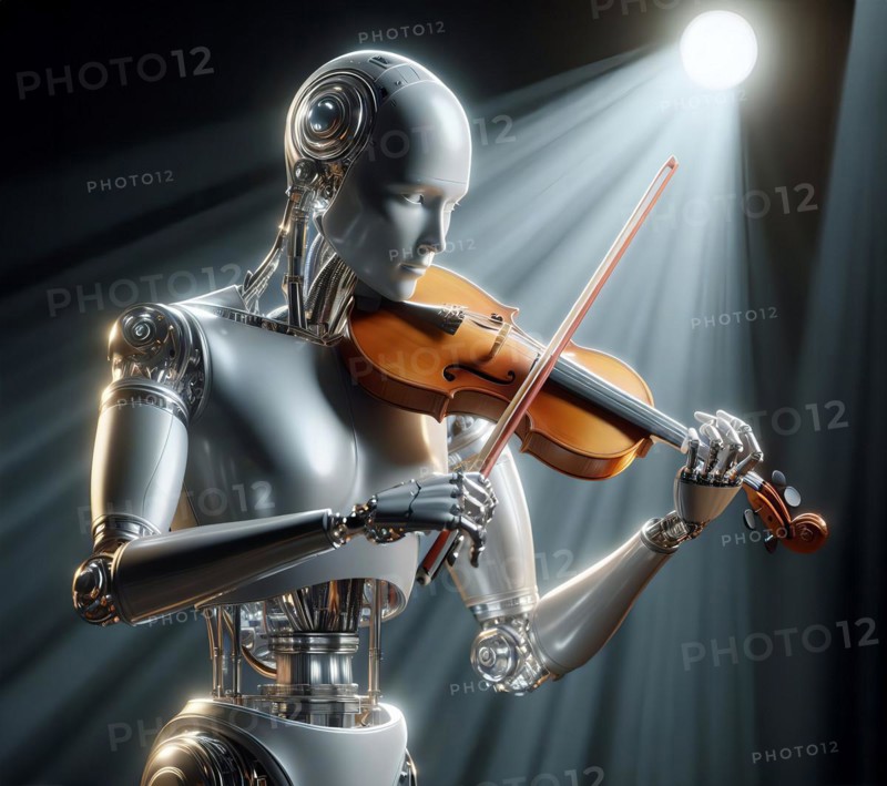 A humanoid robot stands in a concert hall and plays classical music with a violin, symbolic image cybernetics, science fiction, technology, art AI generated, AI generated