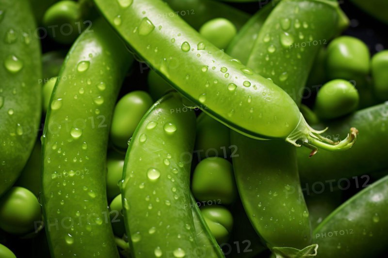 Close up of green fresh peas in hull. KI generiert, generiert, AI generated