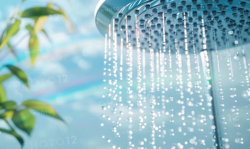 Close-up of a shower head with water flowing down and green leaves in the background AI generated