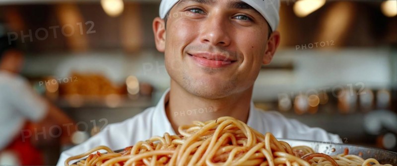 A young italian cheerful chef in a white hat and apron holds a large bowl of fresh spaghetti in a kitchen, AI generated