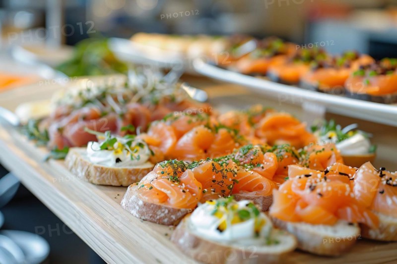 Platter of smoked salmon canapes with herbs on top, AI generated