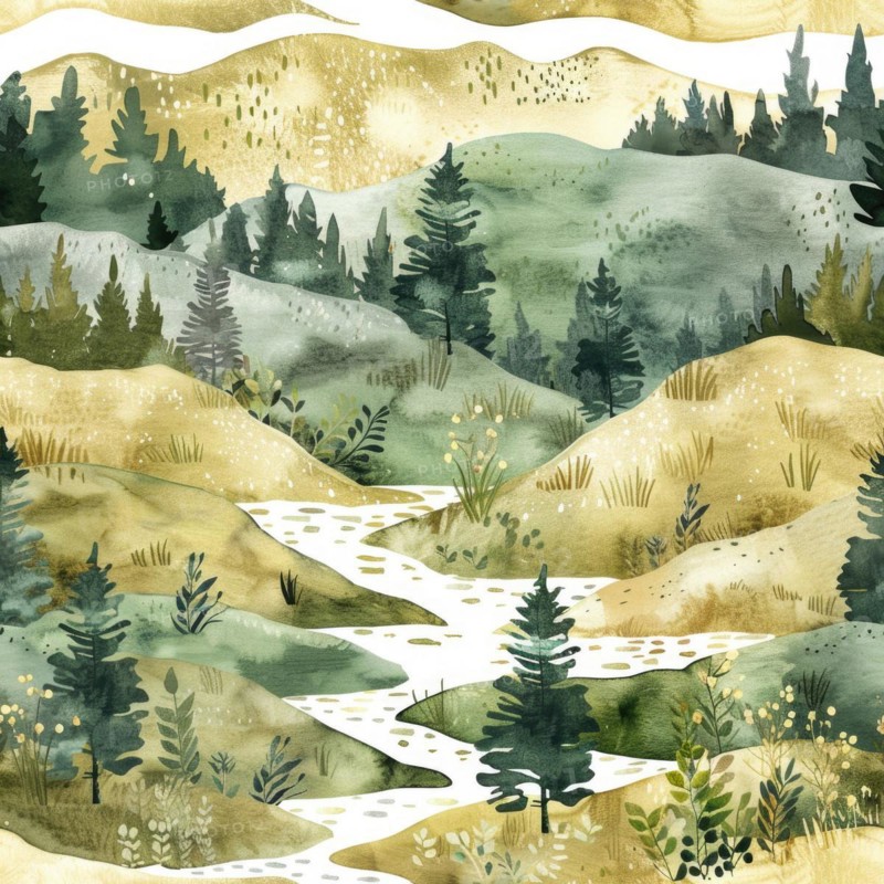 Landscape watercolor pattern with serene scenery and soft tones, abstract nature background, seamless pattern AI generated