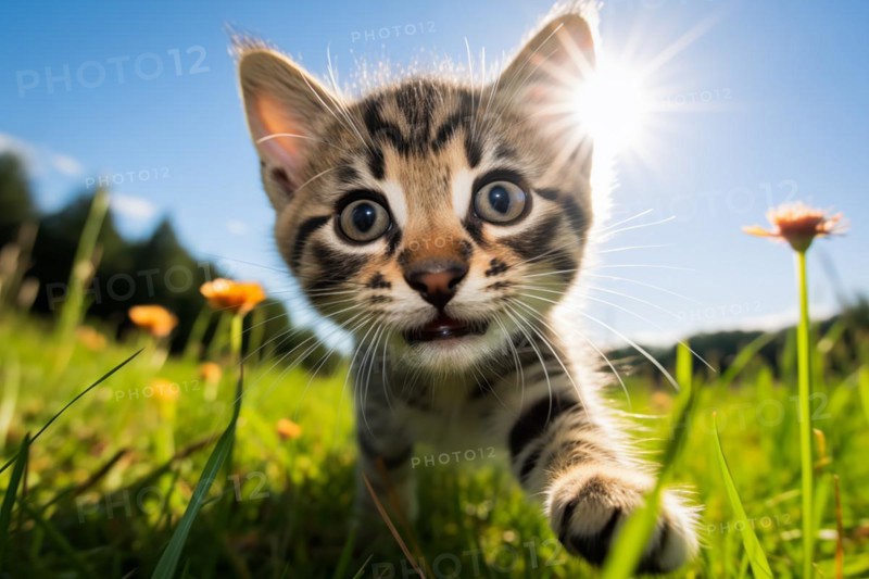 Playful Cute Kitten outdoors in Sunlit Grass. Kitten excitement and wonder as it explores the natural environment on a sunny day, AI generated