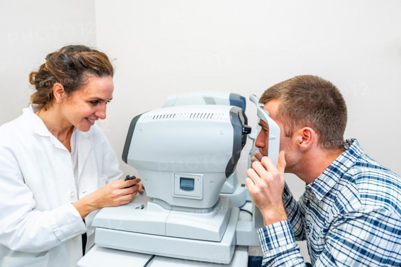 Side view of a female ophthalmologist scanning a man's eyes in the clinic