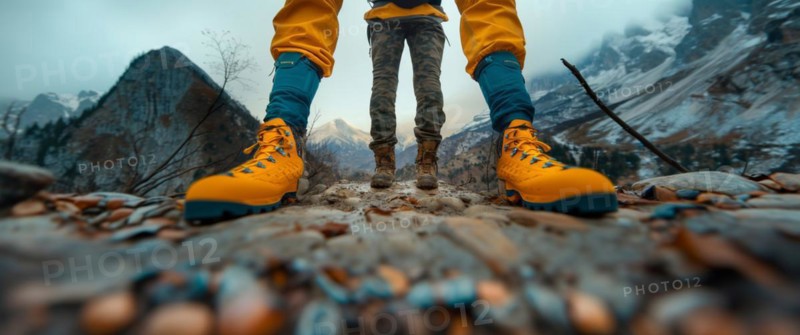 Close-up of colorful hiking boots on a mountain trail with scenic backdrop, AI generated