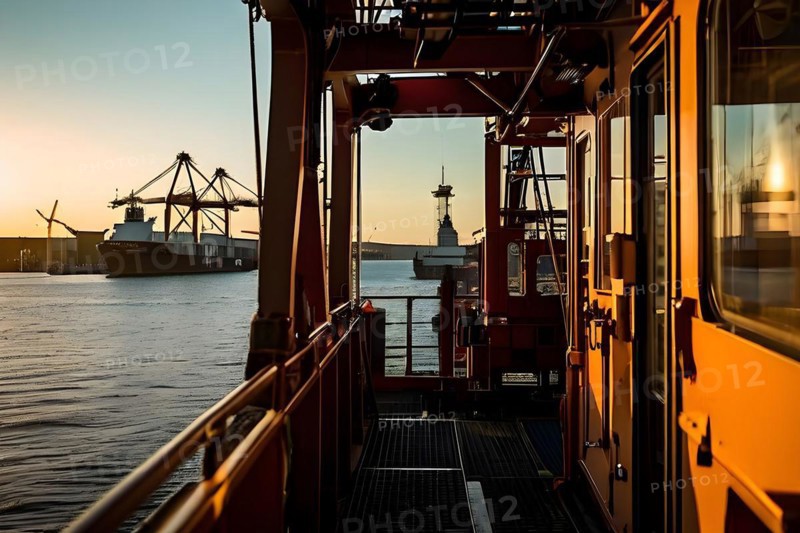 Crane operators cabin at a bustling seaport array of containers and ships, AI generated