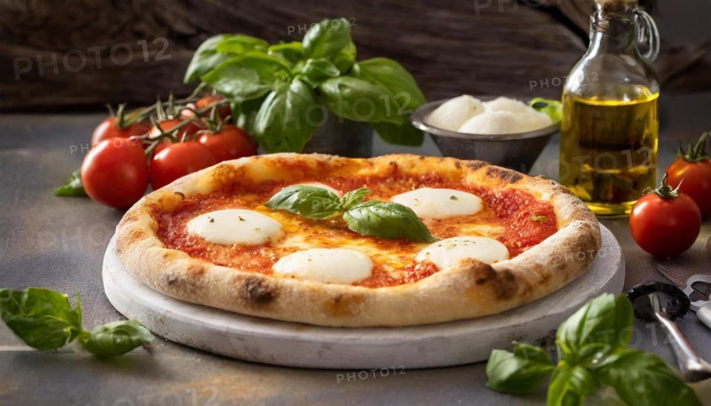 Food, Pizza Margherita with tomatoes, mozzarella and basil, AI generated, AI generated