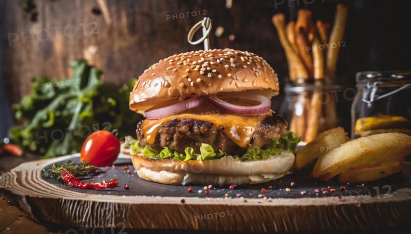 Food, hamburger with meat, tomato and sesame bun, AI generated, AI generated