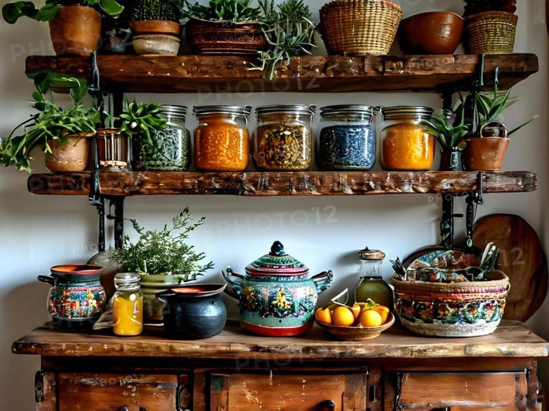 Boho kitchen shelf eclectic mix of colorful ceramic pots hanging cast iron pans shelves adorned, AI generated