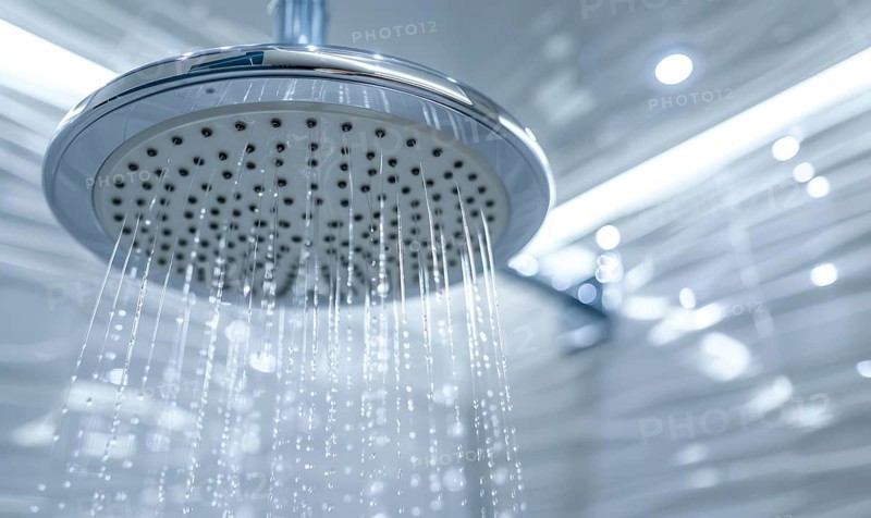 Close-up of shiny water droplets falling from a sleek metallic shower head AI generated
