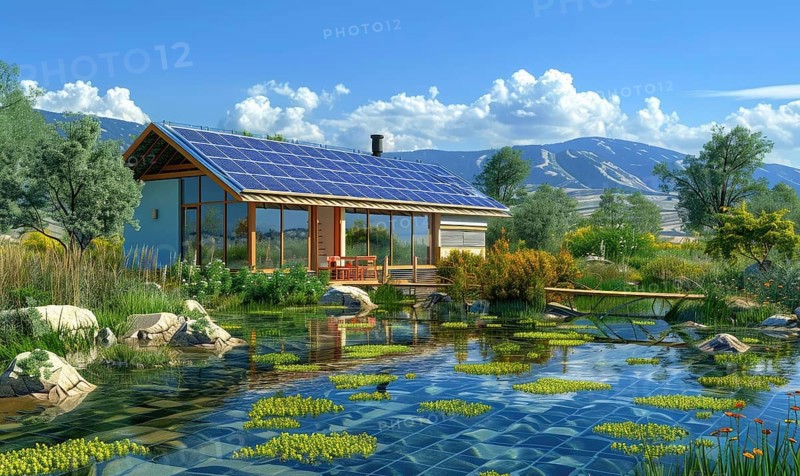 Wooden house with solar panels reflects on a peaceful pond with clear blue sky AI generated