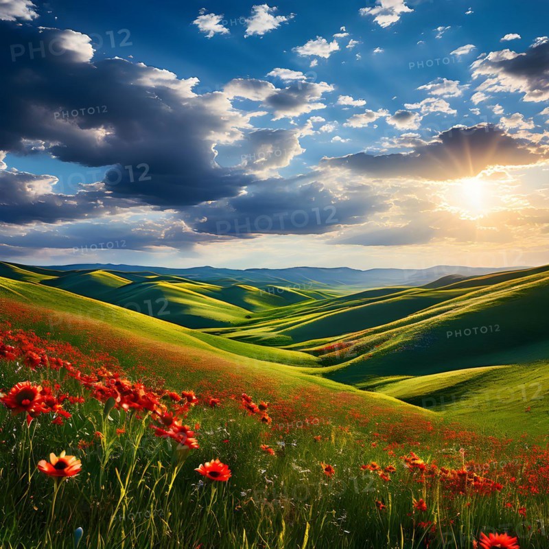 Rolling green hills embrace a vibrant quilt of wildflowers in summer, AI generated