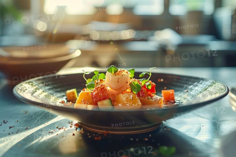 Stylish fruit tartare with melon and herb garnish on a dark plate, AI generated