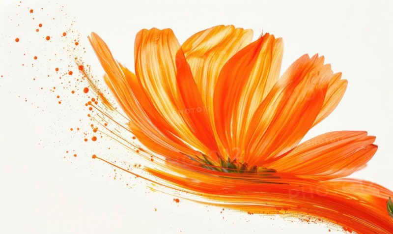 A vibrant orange brush stroke forming a chamomile petal. Chamomile flower painted on white background AI generated