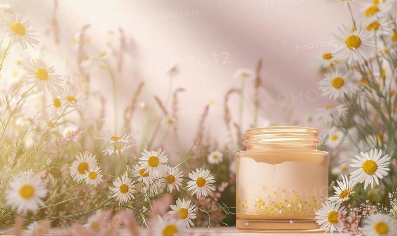 Blank cosmetic jar mockup placed on an elegant watercolor chamomile background, skin care and beauty AI generated
