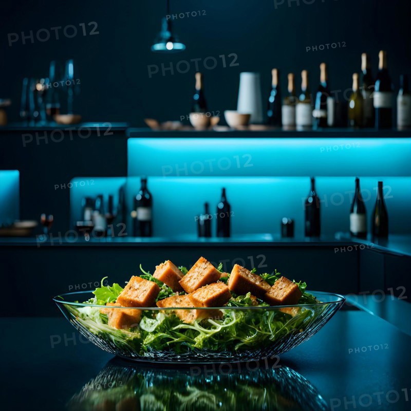 Savory tofu and greens salad showcased on a polished bar counter in neon lights, AI generated