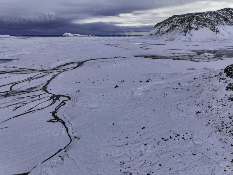 Overgrown river landscape, onset of winter, Fjallabak Nature Reserve, drone shot, Sudurland, Iceland, Europe