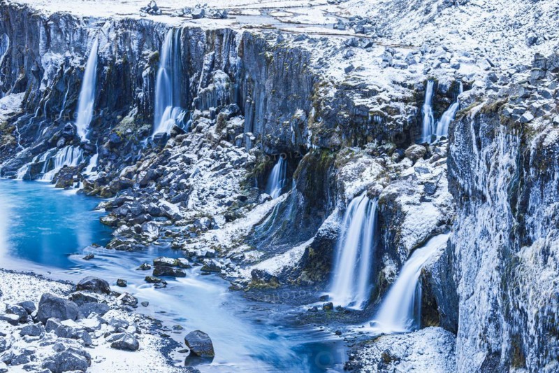 Hrauneyjarfoss waterfalls, onset of winter, Sudurland, Iceland, Europe