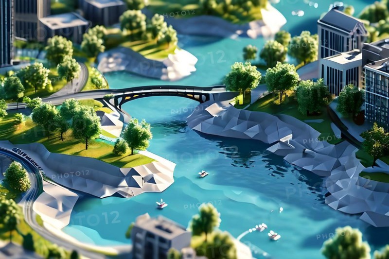 Concept of city park with integrated flood mitigation system water channels and reservoir, AI generated