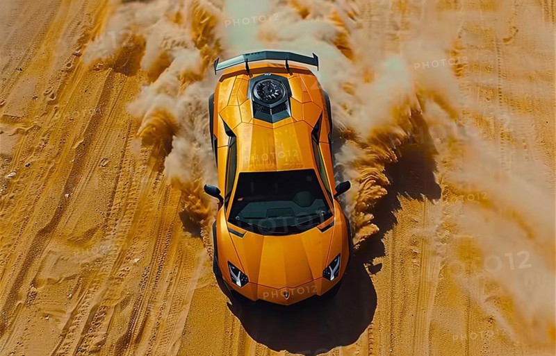 Action shot of a yellow Lamborghini racing through the desert, kicking up dust, action sports photography, AI generated