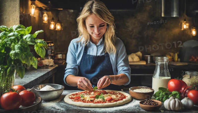 Artisan pizza maker making a rustic pizza, ingredients, kitchen, AI generated, AI generated