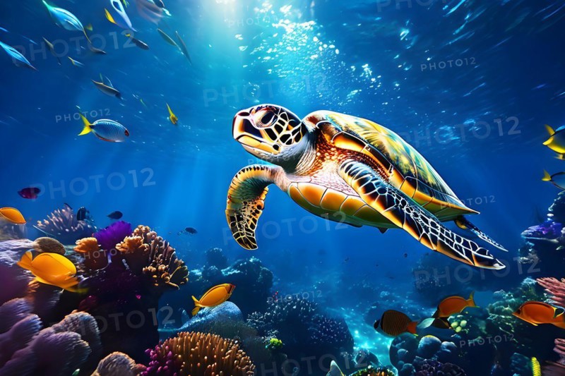 Sea turtle swimming in vibrant reef, AI generated, deep sea, fish, squid, bioluminescent, glowing, light, water, ocean