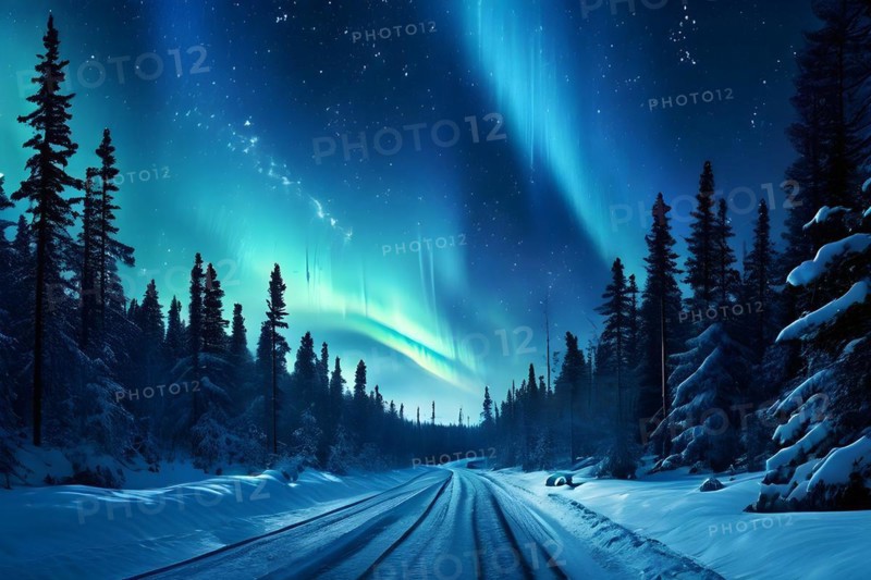 Aurora borealis illuminating the night sky wistfully guiding along a road, AI generated
