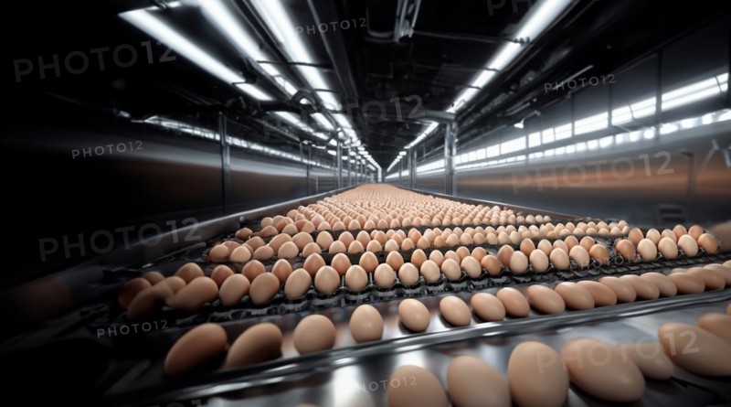 Egg production in a factory, eggs on a conveyor belt, AI generated