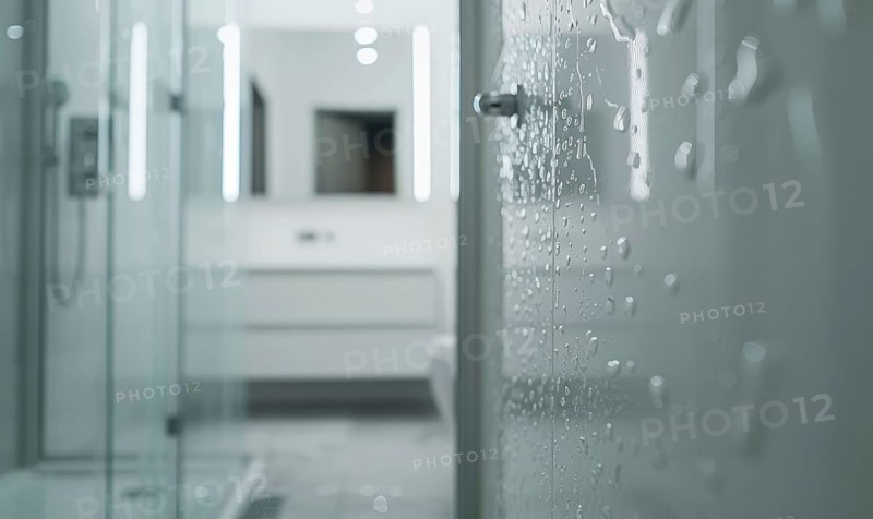 Water droplets cling to a glass shower door with a blurred bathroom backdrop AI generated