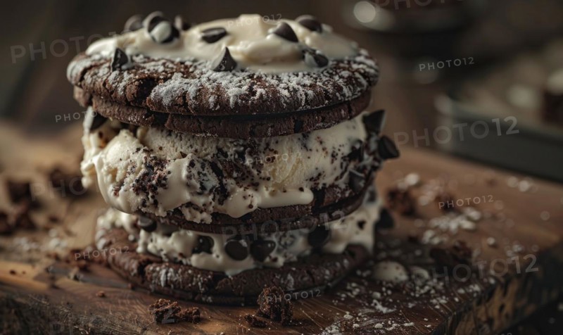Ice cream sandwich with cookie crunch, closeup AI generated