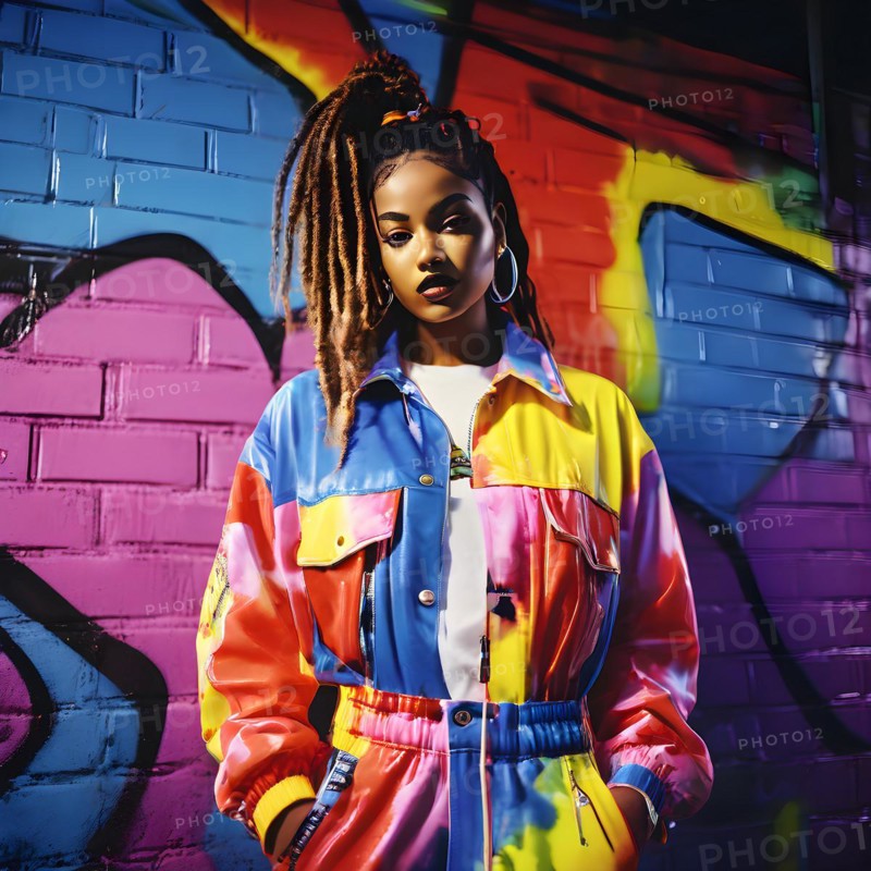 90s fashion collection including overall neon windbreakers tie dye shirts arrayed against a vibrant grafiti wall, AI generated