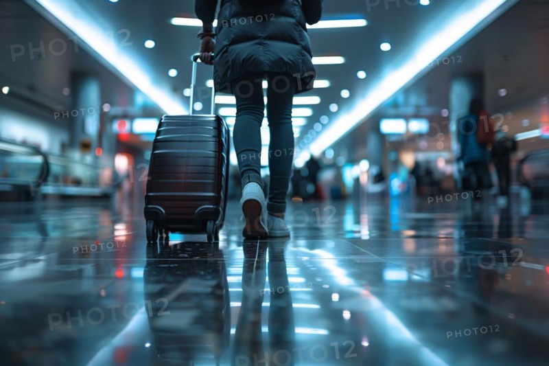 Person walking through an airport with a suitcase under blue illuminated ceiling, AI generated