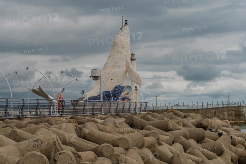 Mosaic fish sculpture on the harbor edge with street lamps and cloudy skies, in Ulsan, South Korea, Asia
