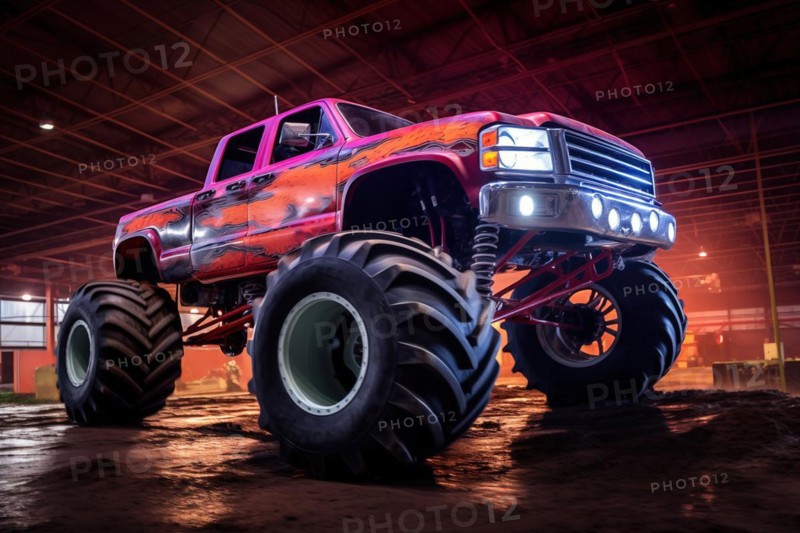 Monster truck illuminated by neon lights, excitement and thrill of an extreme sport and entertainment monster truck stunts racing show, AI generated