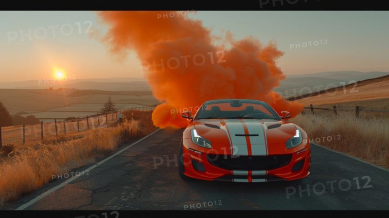 A red sports car with racing stripes stands on an open road with orange smoke around it, AI generated