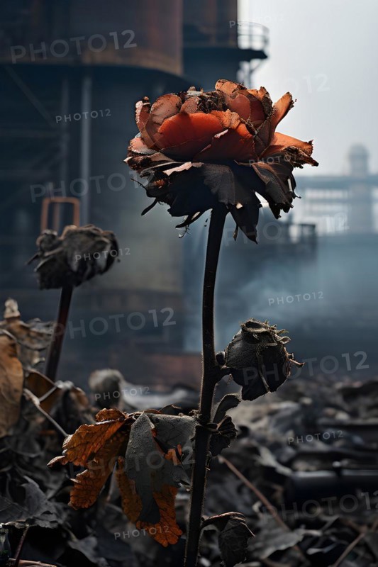 Wilted flower against a backdrop of industrial smokestacks, AI generated