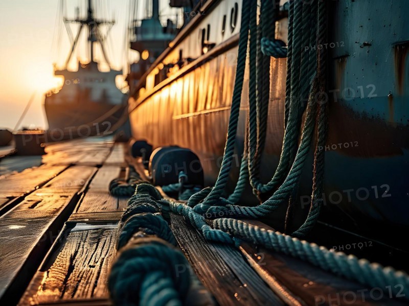 Ropes and bollards securing a ship at the dock at morning, AI generated