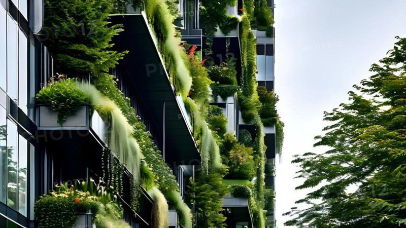 Building facade bio concrete seamlessly interlaced with living plants, AI generated