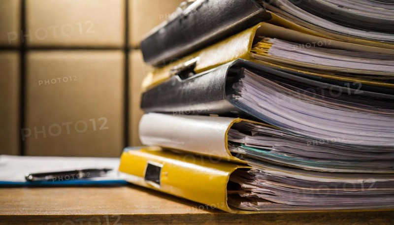 A large pile of files with black covers on a table, symbolising bureaucracy, AI generated, AI generated