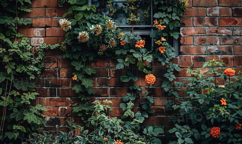 Orange flowers and green vines adorn an old brick wall with a window AI generated