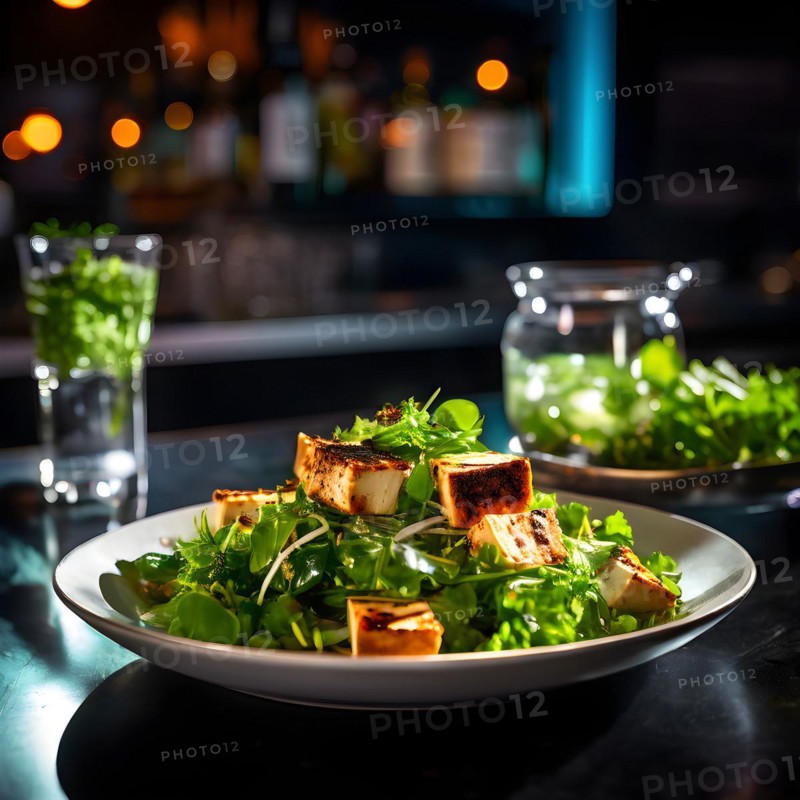 Savory tofu and greens salad showcased on a polished bar counter in neon lights, AI generated