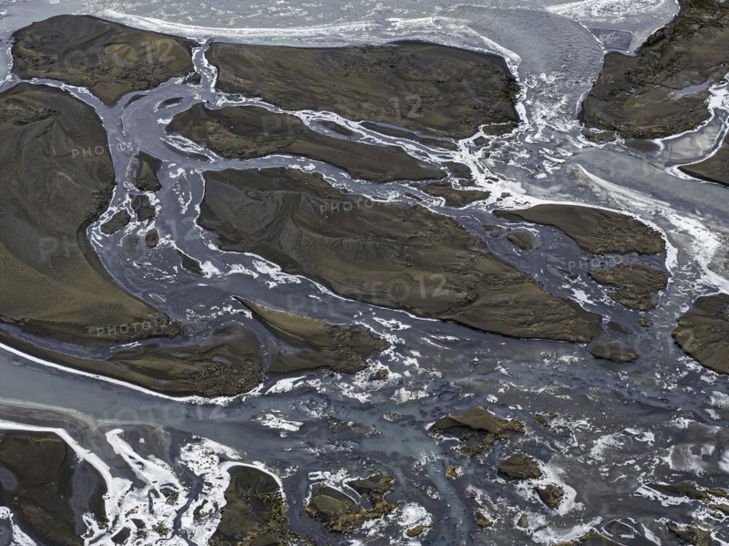 Overgrown river landscape, Fjallabak Nature Reserve, drone shot, Sudurland, Iceland, Europe