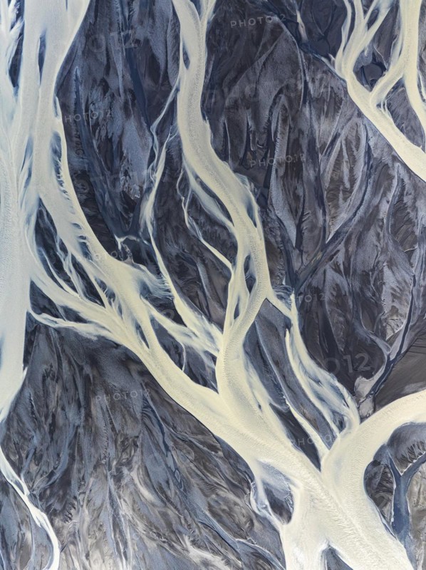 Overgrown river landscape, drone shot, Sudurland, Iceland, Europe