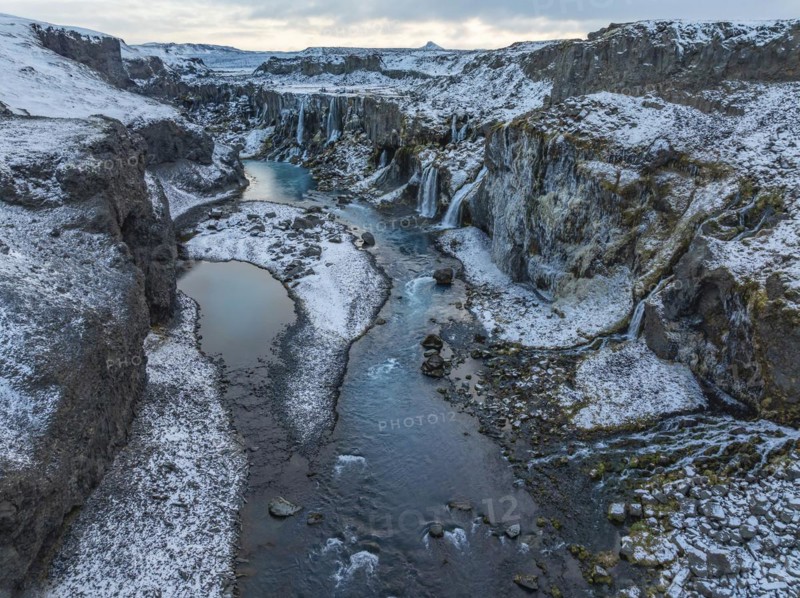 Hrauneyjarfoss waterfalls, drone shot, Sudurland, Iceland, Europe