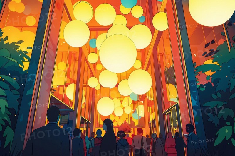 Indoor space with hanging lanterns and people gathered, creating a warm ambiance, illustration, AI generated