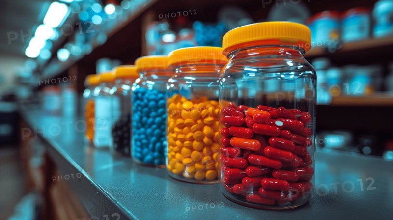 Colorful medicine bottles lined up on shelves in a pharmacy setting, AI generated