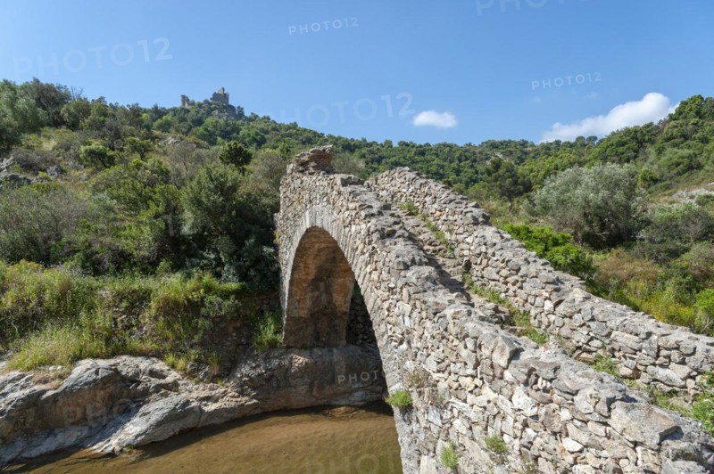 Historic arch bridge Le Pont des Fees over the river La Garde, Grimaud-Village, Var, Provence-Alpes-Cote d'Azur, France, Europe