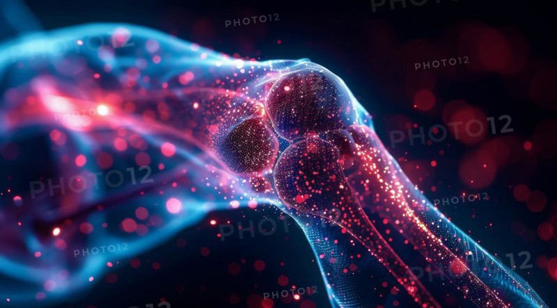 Digital conceptual image of human knee with blue particles and red light connections, ai generated, AI generated