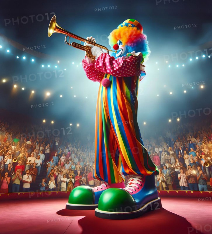 A clown, a musical clown, in mask and costume plays the trumpet in the ring of a circus, AI generated, AI generated