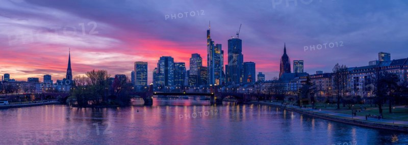 The Frankfurt skyline with office tower blocks behind the Main at sunset, on the left the Dreikoenigskirche, on the right the Kaiserdom, Frankfurt am Main, Hesse, Germany, Europe